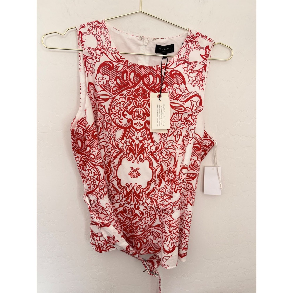Ted Baker London Red White Damask Cotton Sleeveless Buckle Tie Top Size 10 NEW
